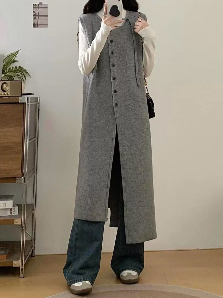 ゆるっと着てスラッと見せ アシメデザインロングベスト おしゃれ 大人 シンプル ボタン 着回し レイヤード 体型カバー 細見え 大きいサイズ 韓国 CH11324