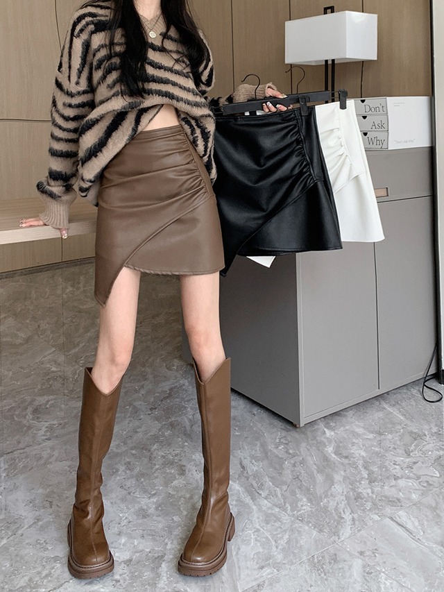 asymme pu leather skirt 3color