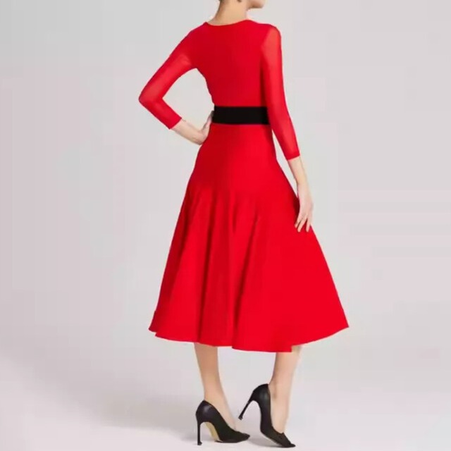 冬非公開　ウエストベルト ミモレフレア ロングスリーブ ダンスドレス  ds1459