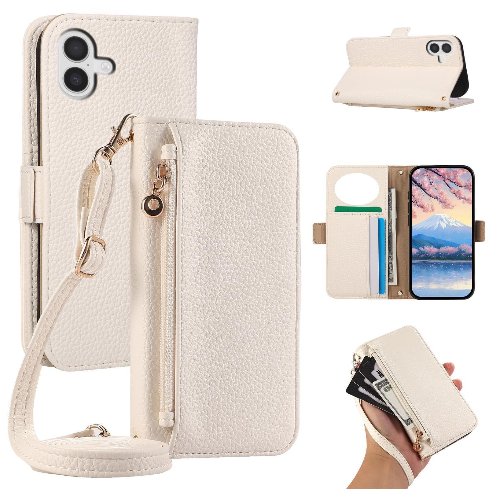 TOO&SOO と互換性がある iPhone 17 ケース 手帳型 アイフォン17 スマホケース 鏡付き あいふおん17 携帯カバー 肩掛けショルダーストラップ付き いphone17 カバー レザー調 シボ加工 PUレザー カード収納 ジッパーポケット ボタン式マグネット 耐衝撃 多機能-白