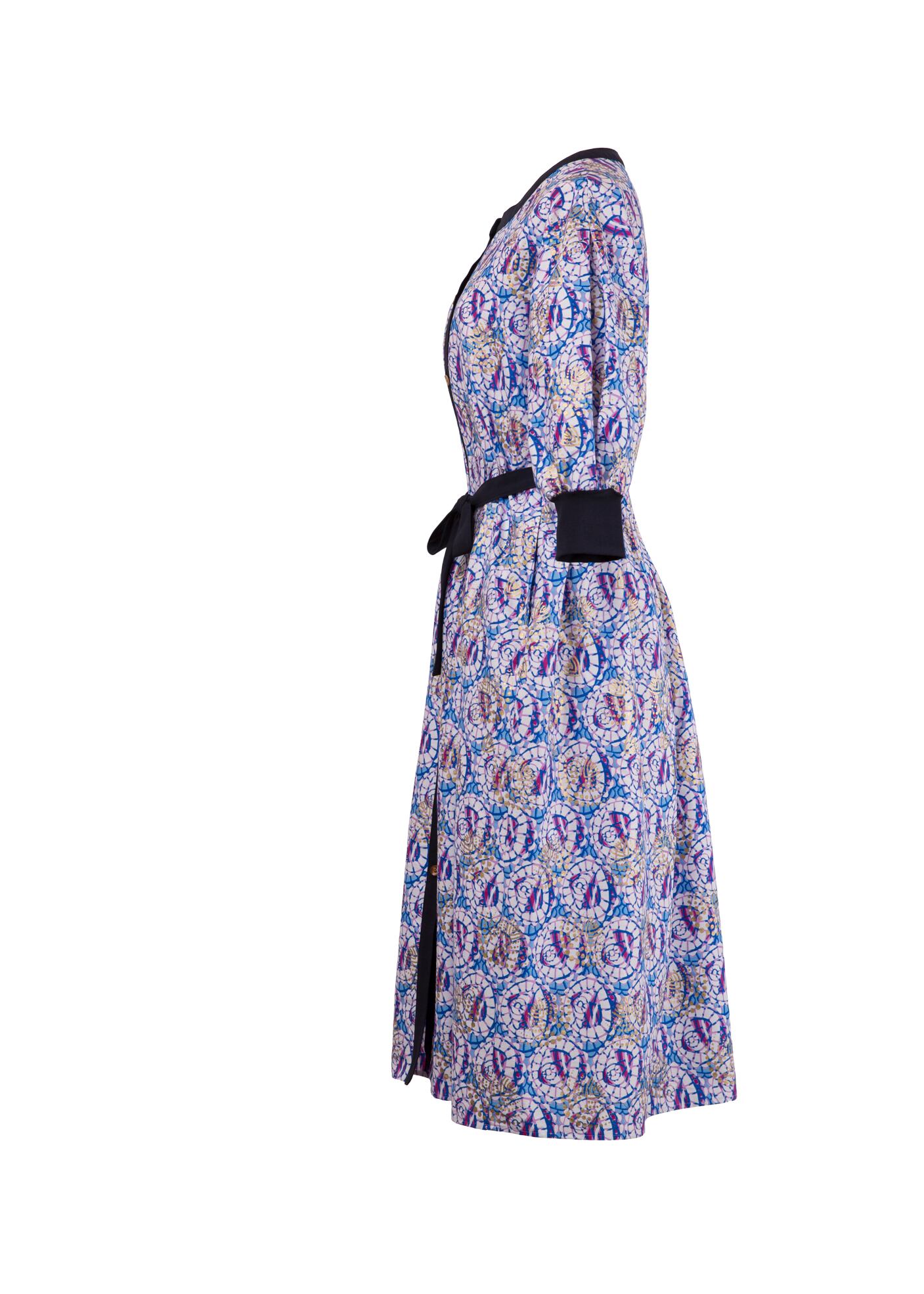 シャツワンピース シェル ブルー パープル 日本縫製 ボリューム袖 配色 異素材 アフリカンプリント アフリカンファブリック アフリカンバティック パーニュ キテンゲ アフリカ布 ガーナ布 エスニック レディース 女性 Cherry Et Cacao チェリエカカオ