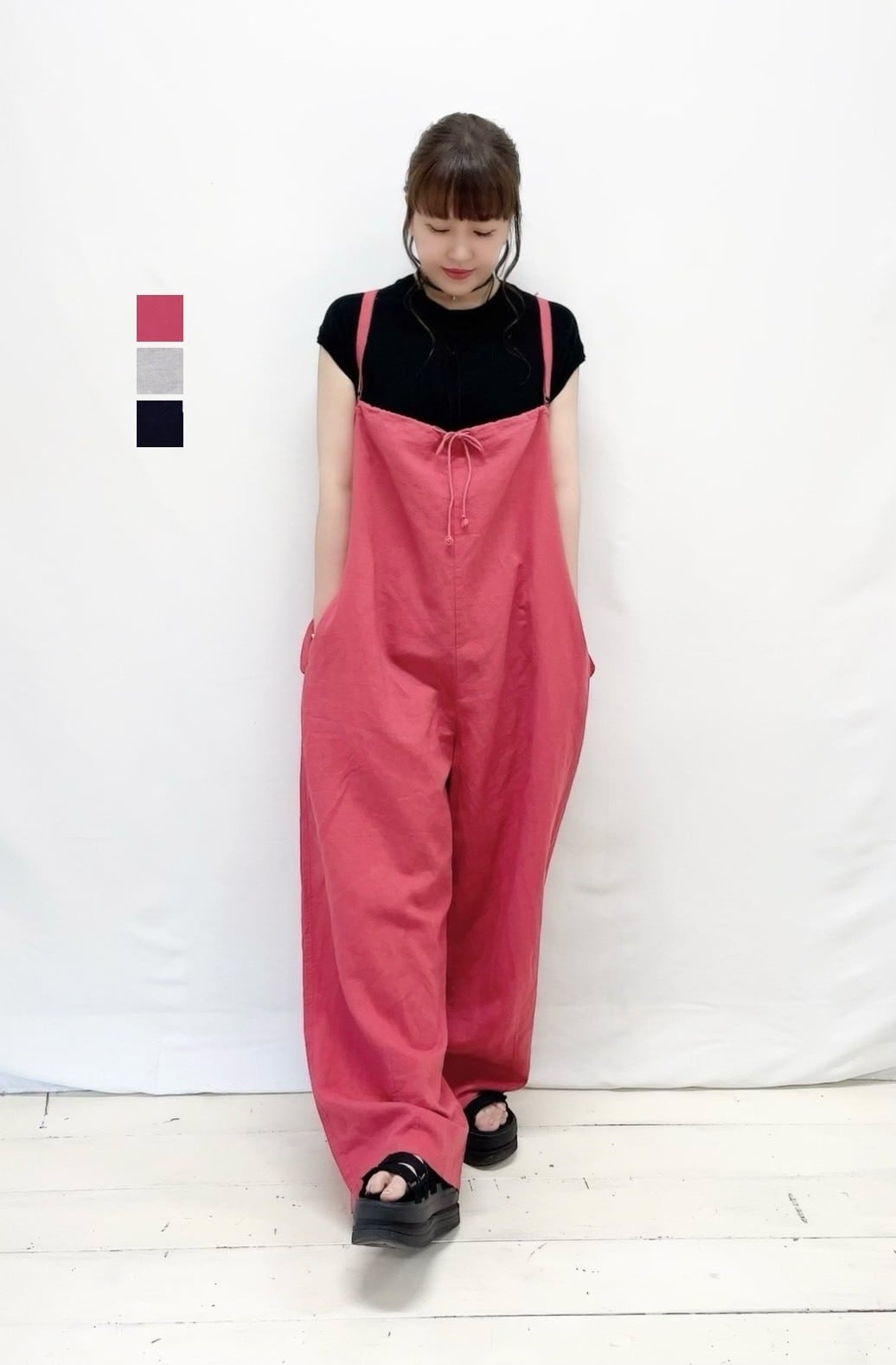 新品　prit リネンサロペット　ダスティピンク YURK】配色釦サロペット / yurk26su-616 | syozikiya online shop