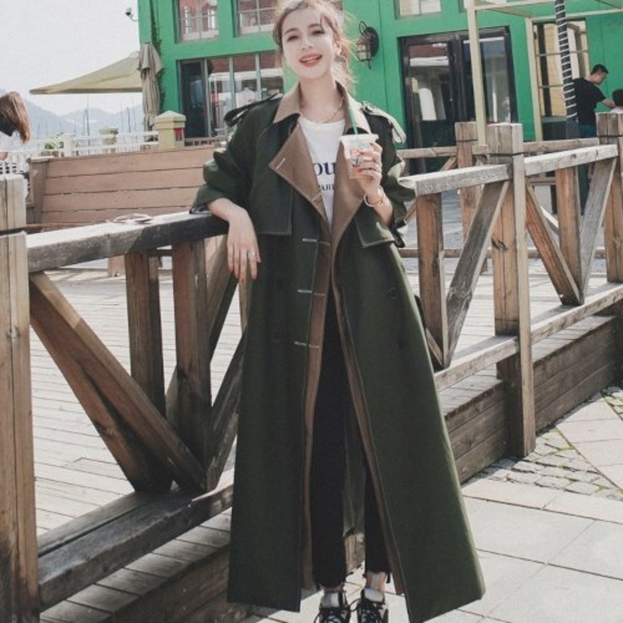 トレンチコート レディース コート ロング丈 バイカラー 秋 韓国  