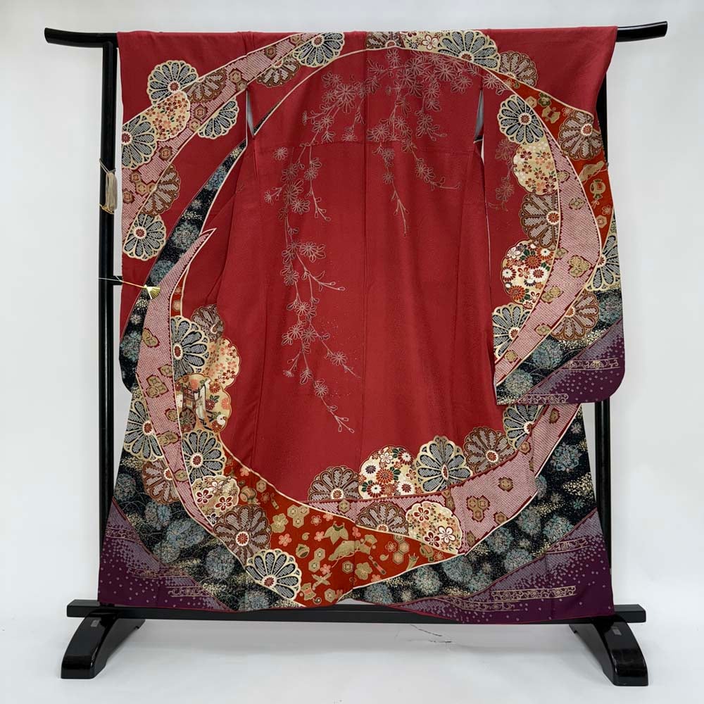 振袖 中古 赤 ピンク 正絹 古典 裄67.5cm 身丈159cm 美品 L サイズ 成人式 4449