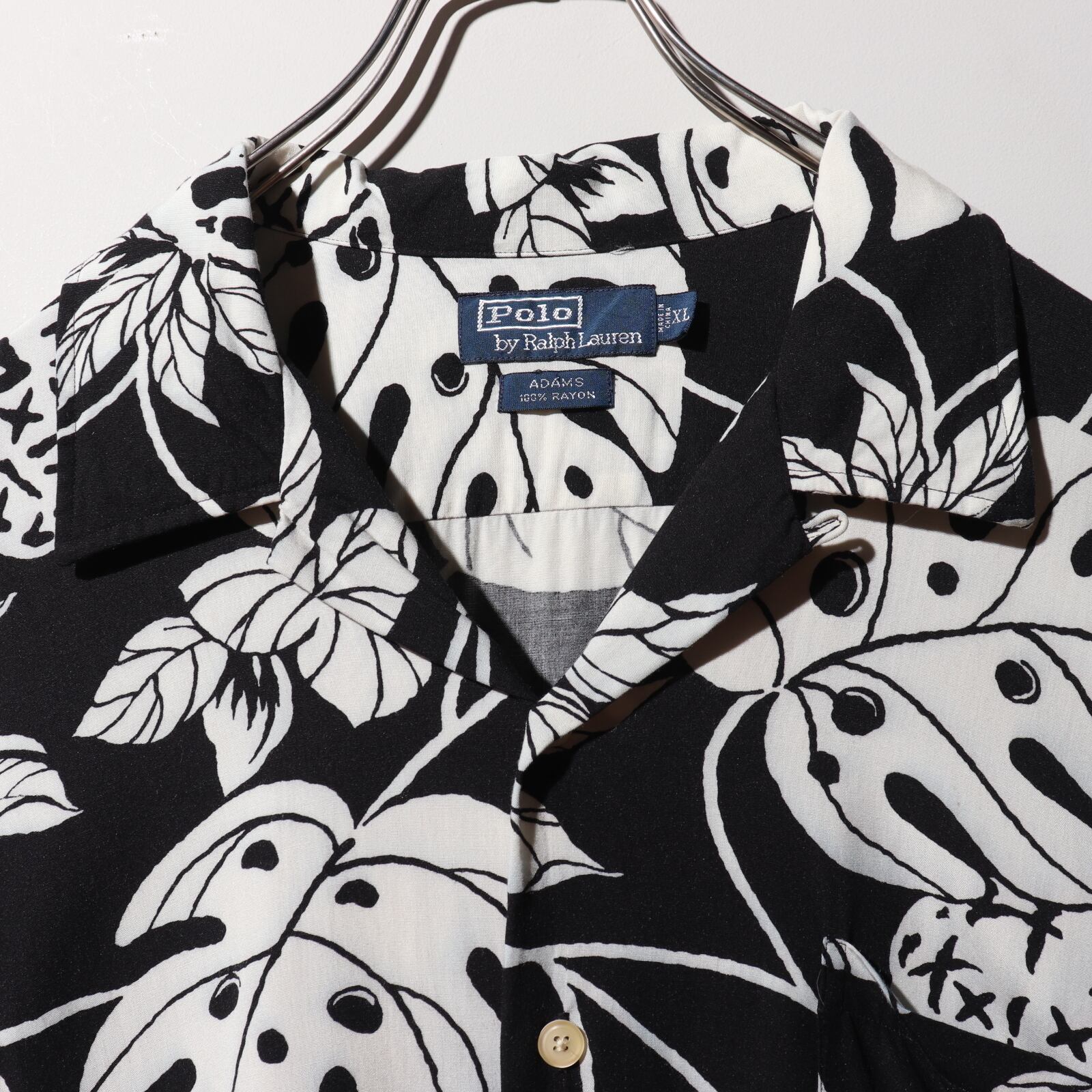 美品 L 黒 レーヨン 総柄 Adams ポロラルフローレン シャツ ブラック 