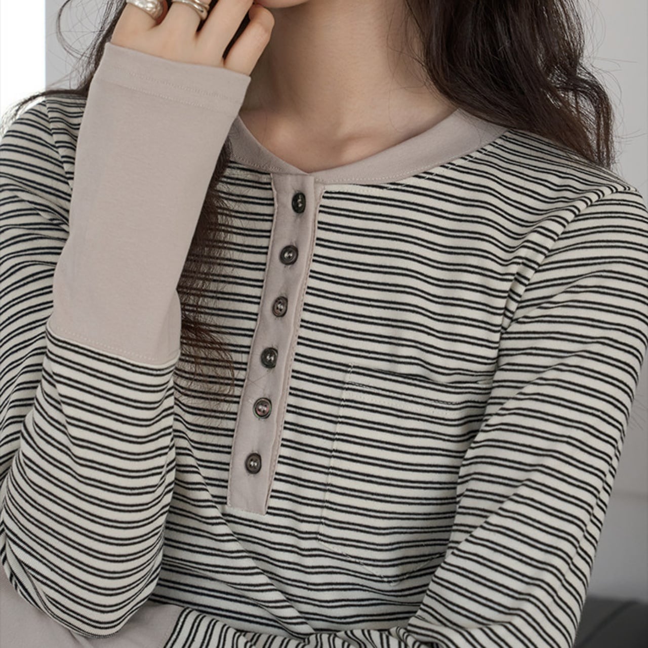 カラーブロックヘンリーネックボーダーTシャツ A02037