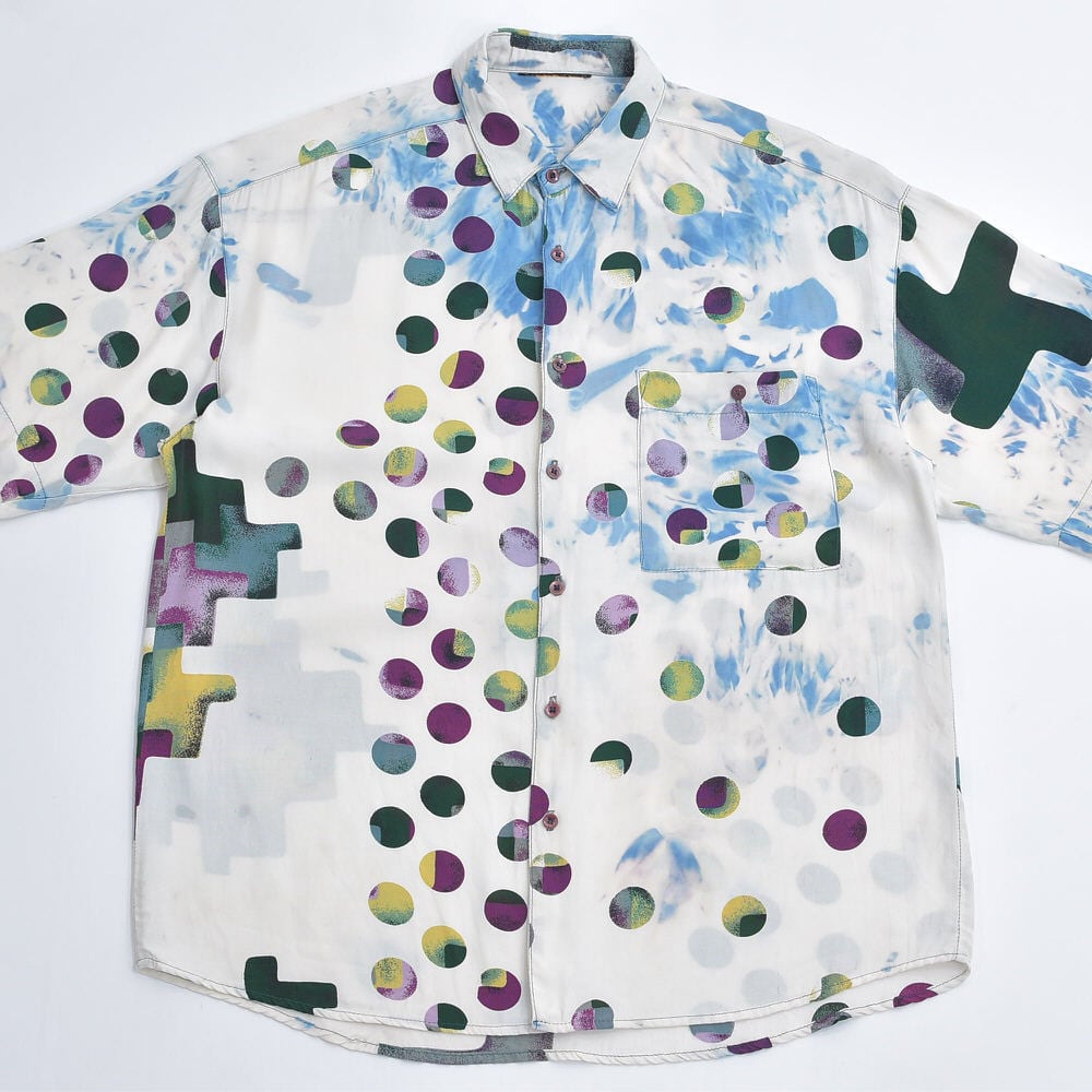 Vintage モダンアートデザイン 幾何学 ドット柄 総柄 半袖 シャツ 幾何
