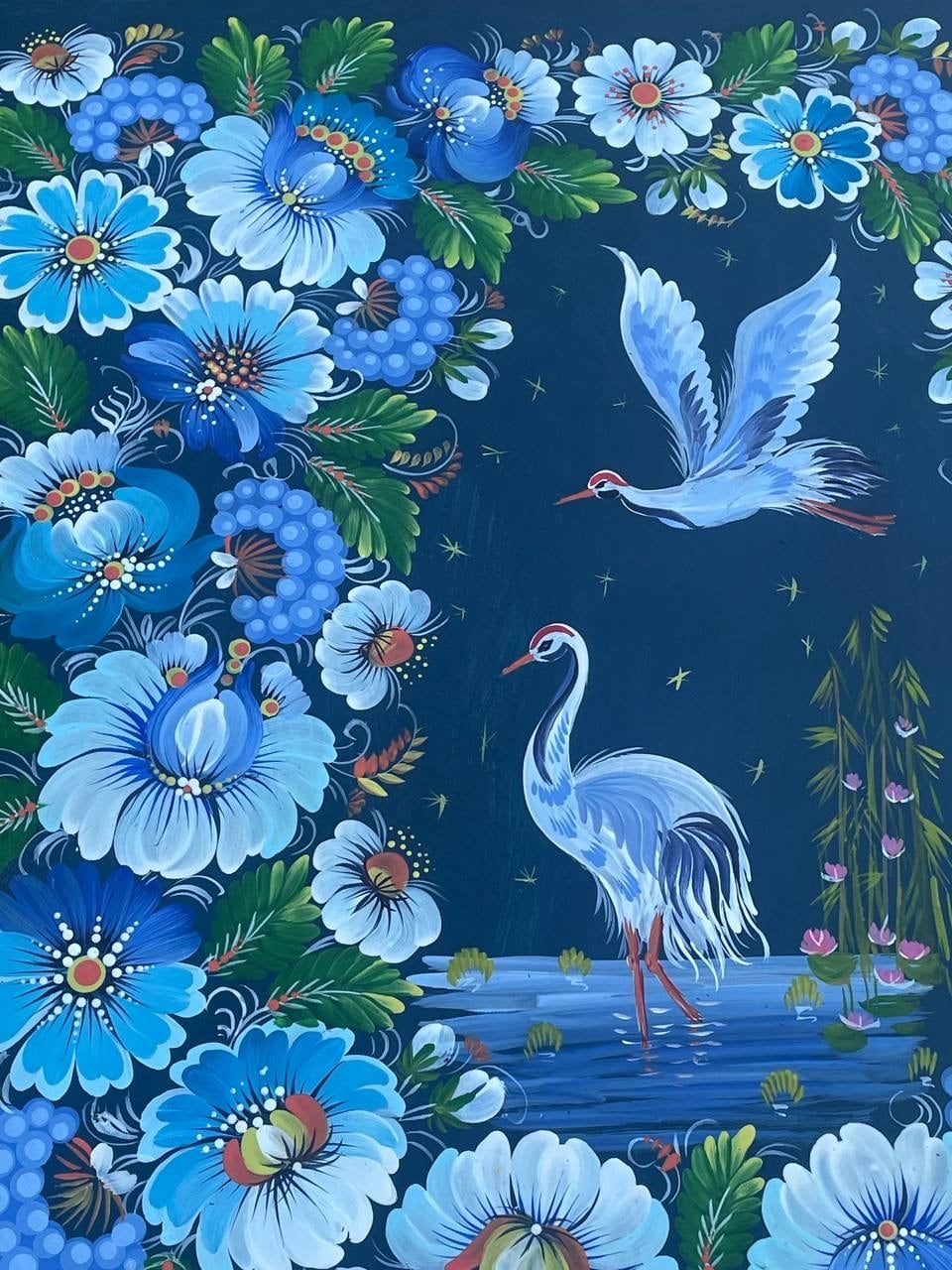 夢見る鶴たち】ペトリキウカ塗り 壁掛け手描き絵画（ヴァレンティナ