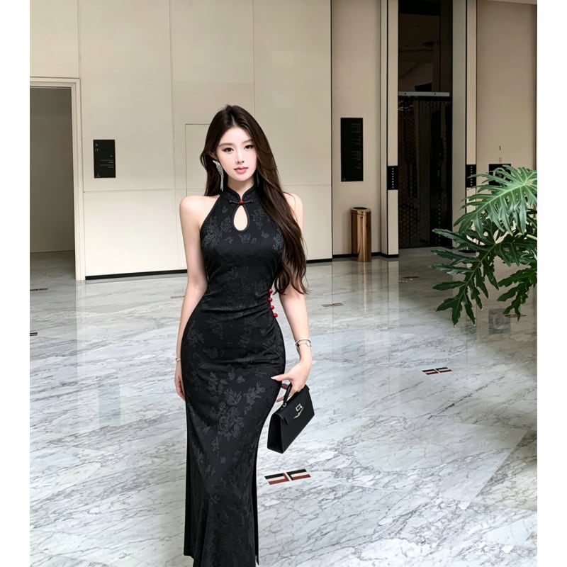 ロングドレス レディース チャイナドレス ハルターネック ノースリーブ 地柄織り キーホールネック サイドスリット ブラック パーティーDQ2-ZED881516DXH348B