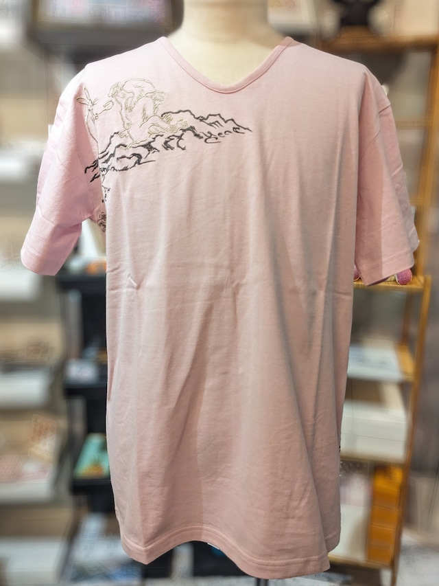 花旅楽団-新作Tシャツ   ST-663　鳥獣戯画柄刺繍半袖VネックTEE  pink