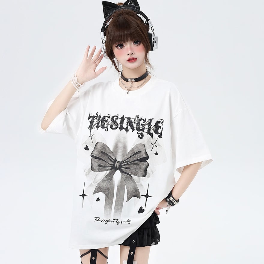 半袖Tシャツ オーバーサイズ ゆったり リボン プリント ルーズ 地雷系