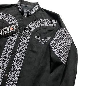 black fake suede band collar embroidery shirt
