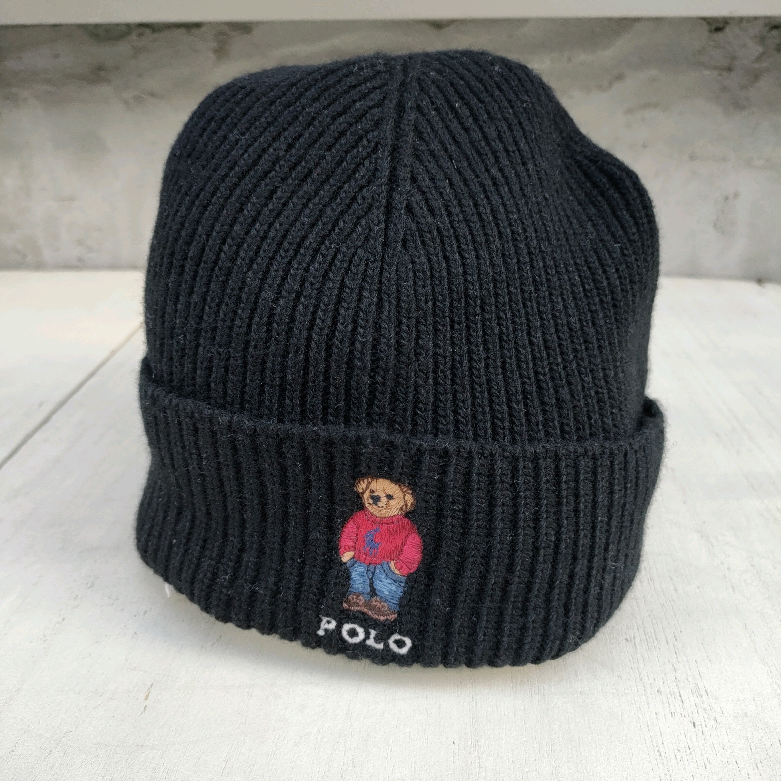 ◯美品/ポロ ラルフローレンPOLO RALPH  LAUREN/古着/ポロベア刺繍/ニット帽/ニットキャップ/ワッチキャップ/ビーニー/黒/QK300002/