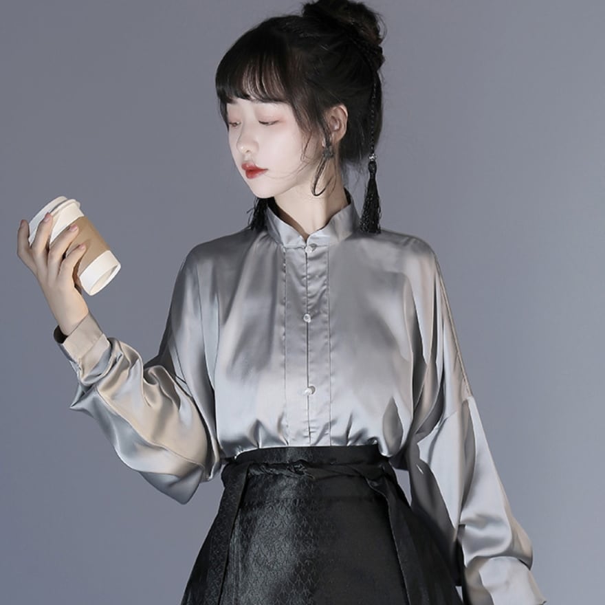 サブカル 服 地雷系 通販 シャツ バルーンスリーブ シルキー 光沢 グレー チャイナ風 立ち襟 チャイナ服 漢服 大人きれいめ チャイナ風チャイナ服