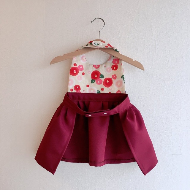 袴スタイドレス 椿麻の葉 ベージュ エンジ 抹茶襟 濃紫帯 ベビー袴 咲楽工房