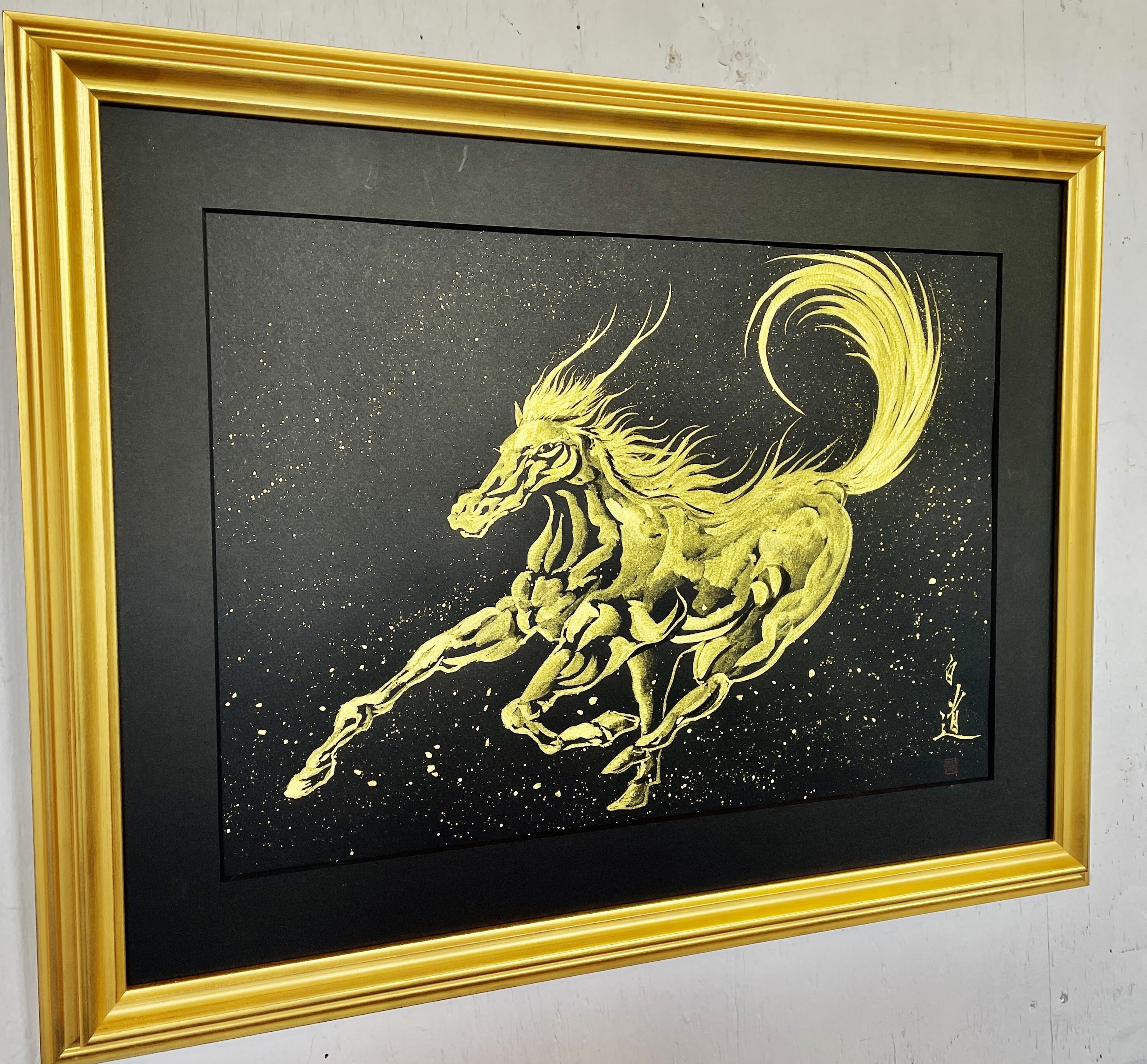 現代水墨画家 絵師白道 「龍馬」（黒金） 直筆作品 証明書カード付 龍