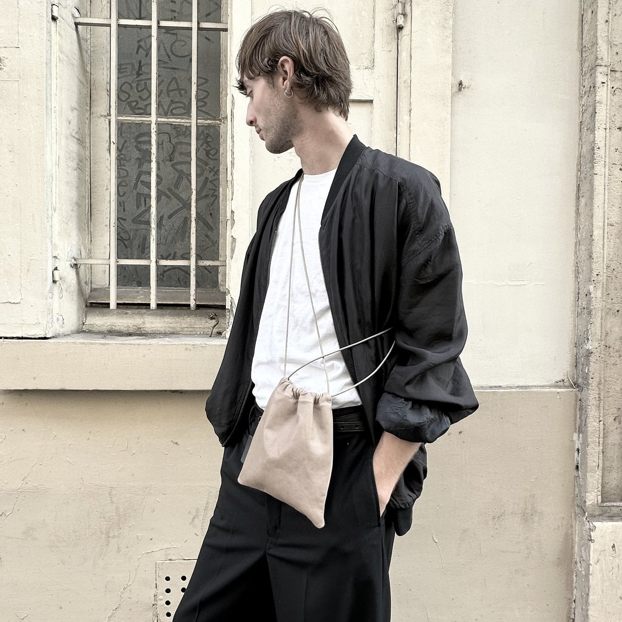 244ABG04 Leather drawstring bag 'square' 巾着バッグ ショルダー