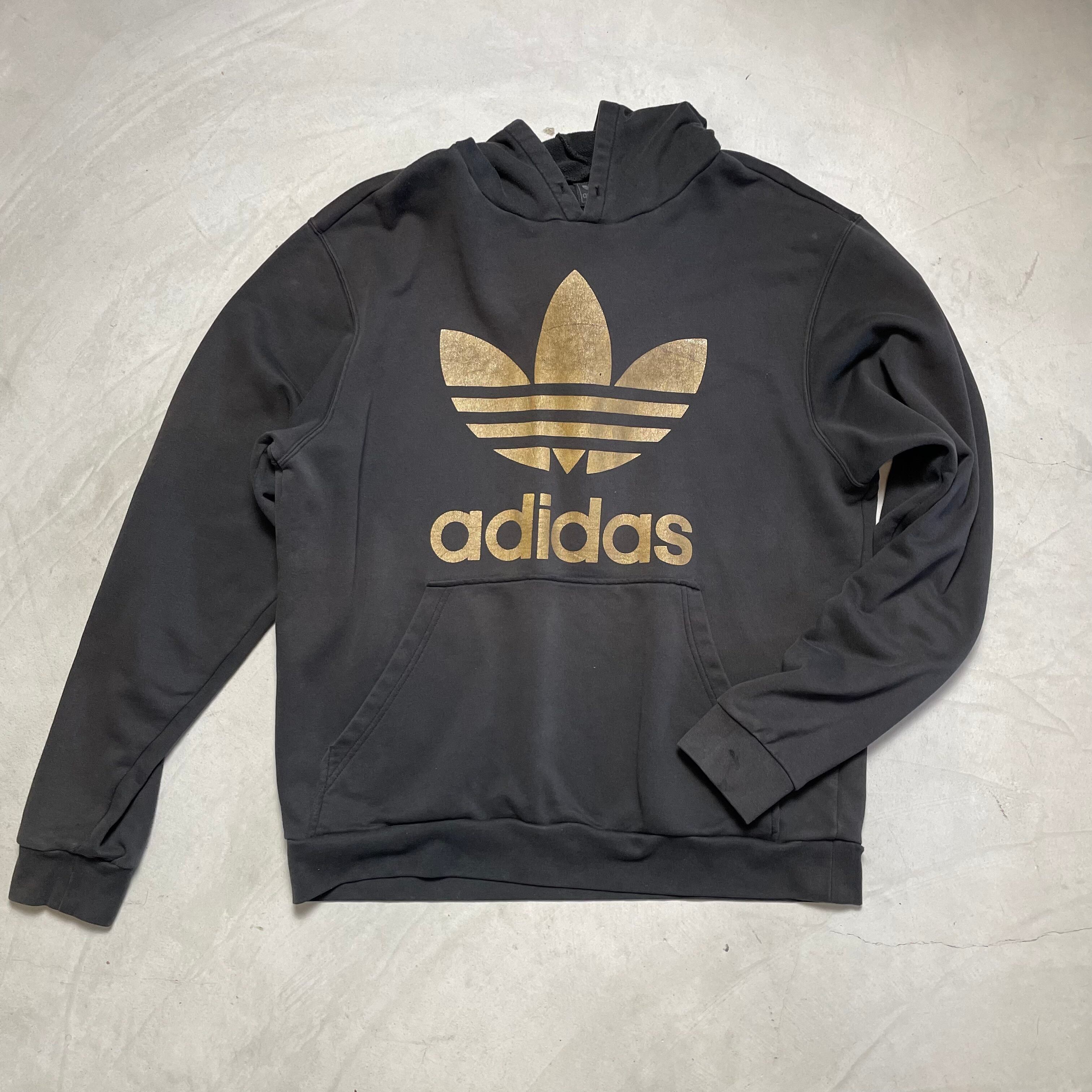 adidas アディダス トレフォイル ブランドロゴ プリント スウェットパーカー メンズXL相当 古着 プルオーバーパーカー ブラック 黒【パーカー】