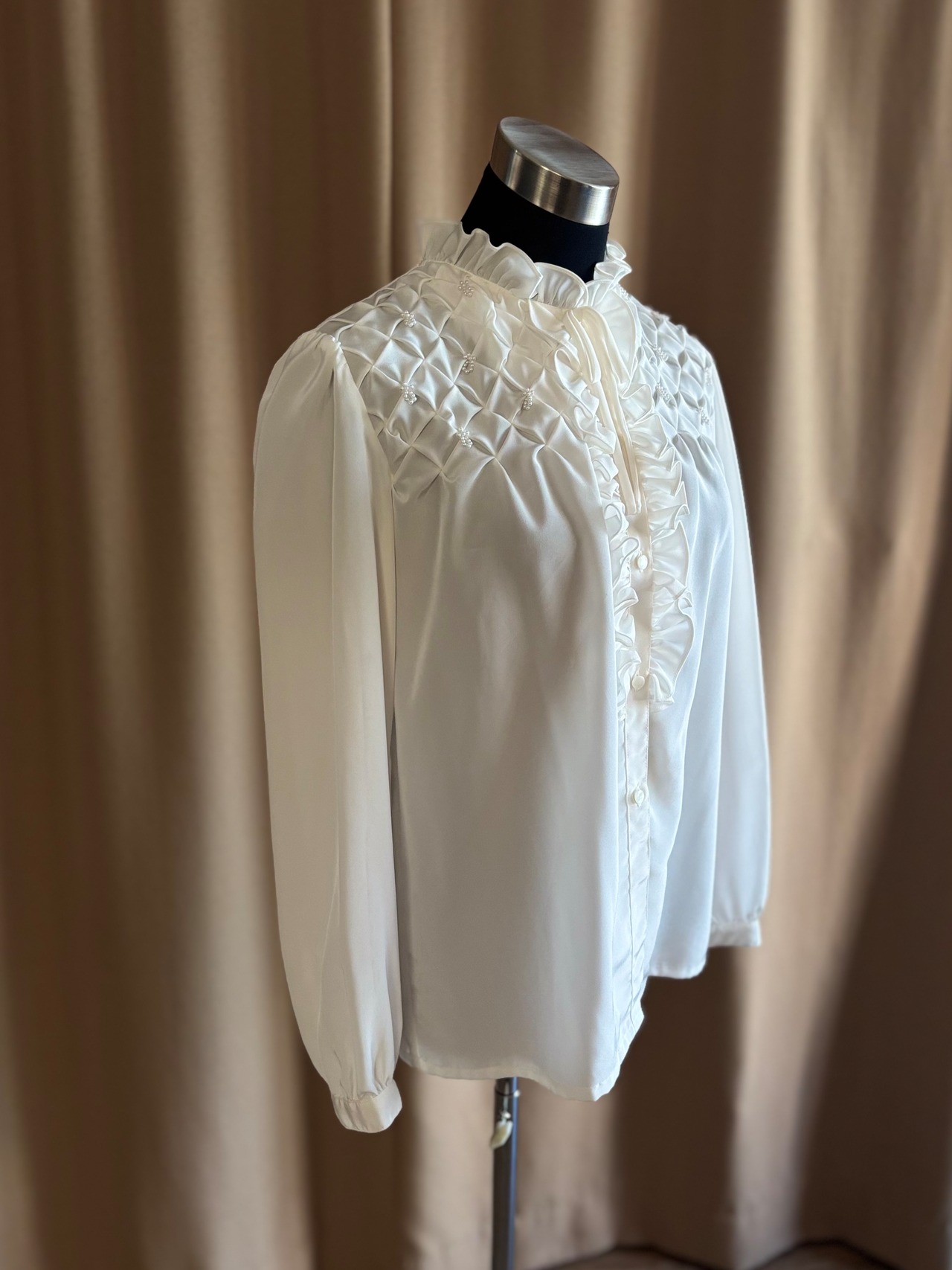 elegant pearl embellished ruffle front white shirt-5158-8