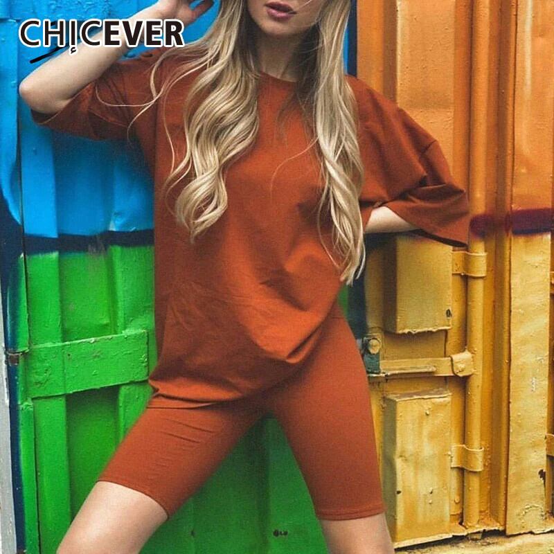 CHICEVERミニマリズムツーピースセット女性Oネック半袖トップウエストスリムスポーツショーツ2020服 ショート ハーフスリーブ ブルマー 6base555551214008