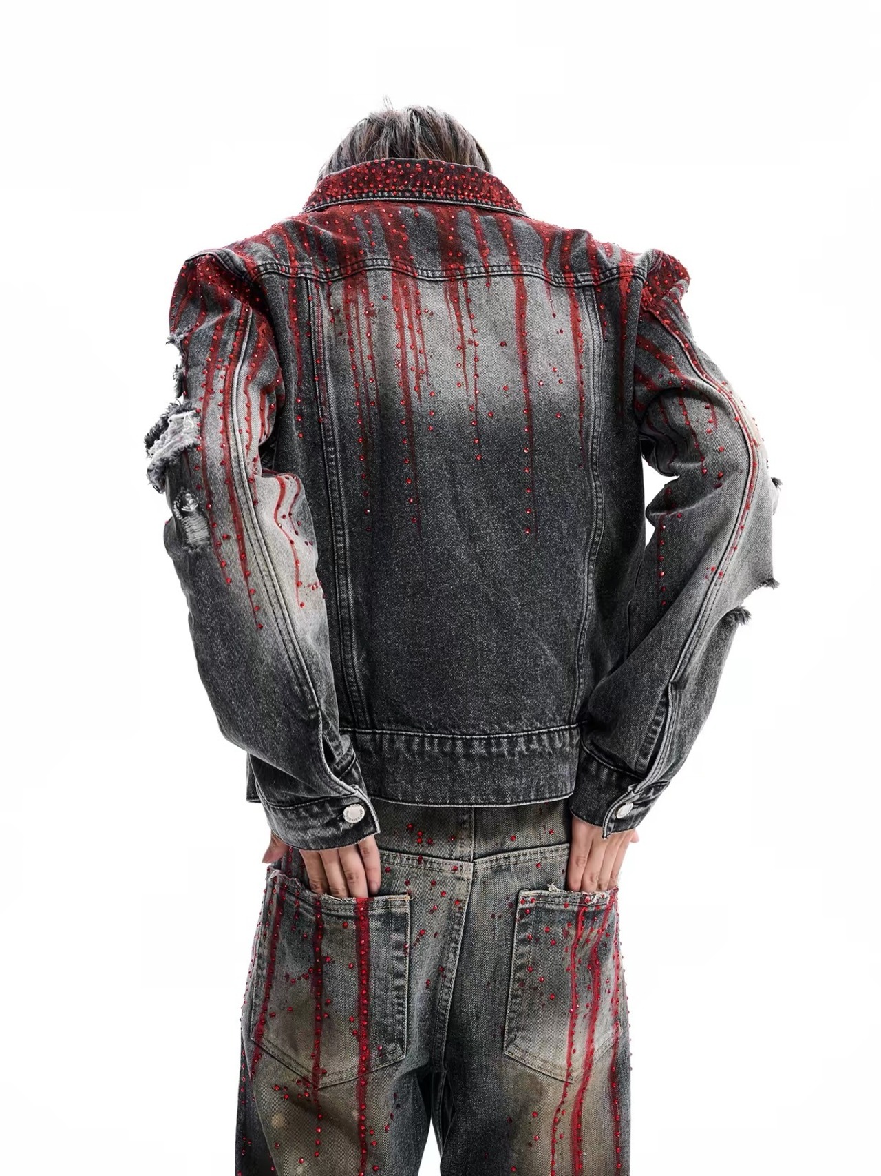 【STARTEXCEEDEND】RHINESTONE BLOOD WASH DISTRESSED DENIM JACKET
