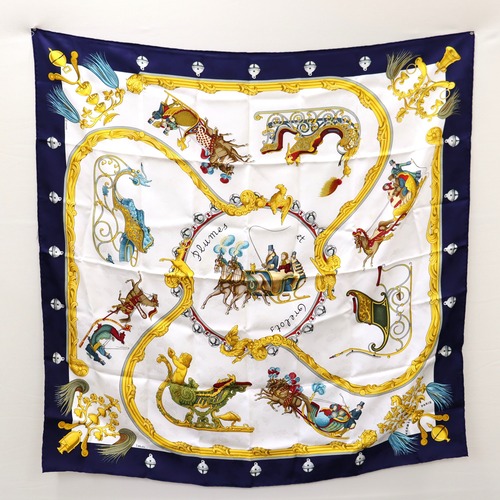 HERMES　エルメス　カレ90　Plumes et Grelots　羽飾りと鈴　ネイビー　刺繍あり　シルクスカーフ　21-1381