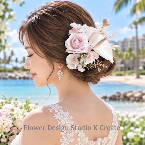 アンスリウムと薔薇の髪飾り｜リゾートウェディング・結婚式・成人式・前撮り｜Anthurium & Rose Tropical Hair Accessory｜U-Pin Set｜Resort Wedding Hairpiece