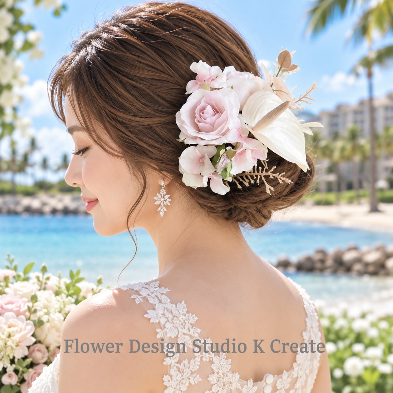アンスリウムと薔薇の髪飾り|リゾートウェディング・結婚式・成人式・前撮り|Anthurium & Rose Tropical Hair Accessory|U-Pin Set|Resort Wedding Hairpiece