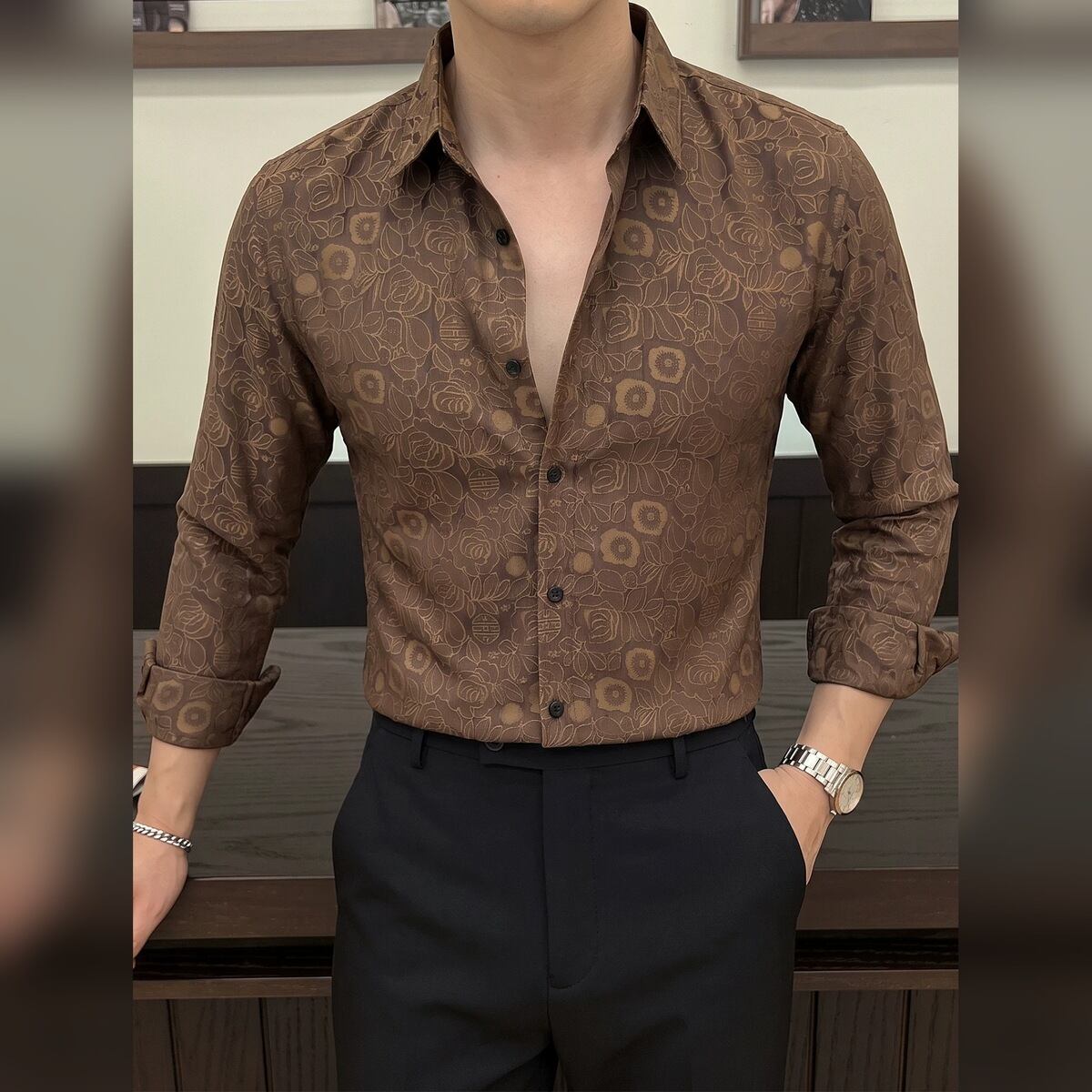 総柄 ジャカード 長袖 シャツ 3color KA1423