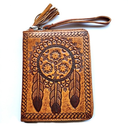 ボヘミアン  BIGウォレット(ドリームキャッチャー×ブラウン)本革 財布 手帳ケース パスポート入れ【バリ島直輸入】