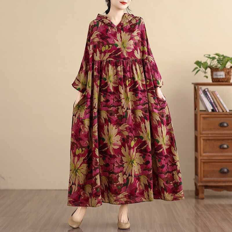 FLOWER PRINT HOODED A-LINE LONG PULLOVER DRESS 1color M-16043