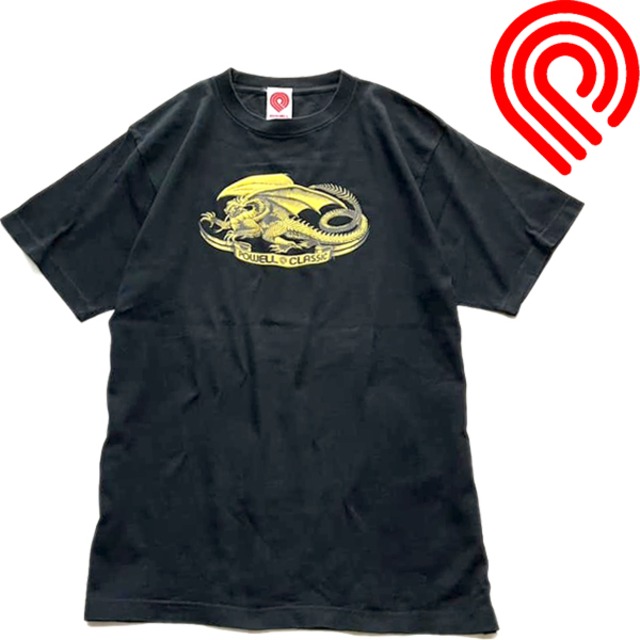 1点物◇パウエルPOWELL黒オーバルドラゴンプリントTシャツ古着メンズL 