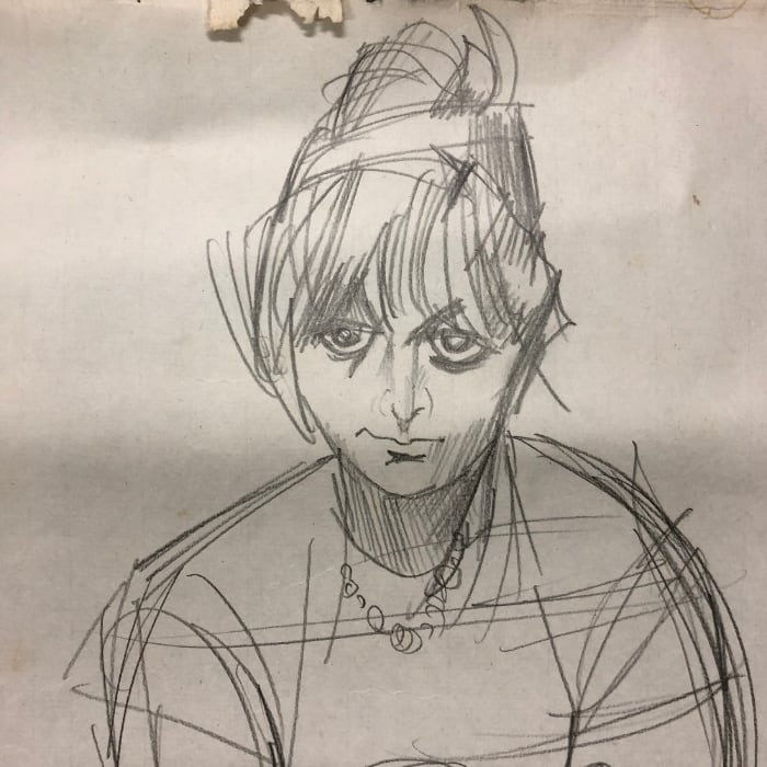 小磯良平 デッサン パリの少女と犬 鉛筆デッサン画 約44cmx30cm