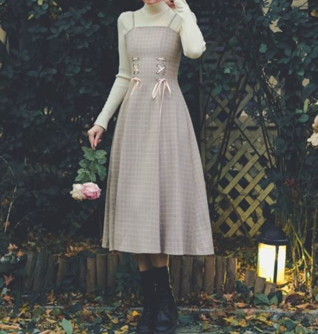 キャミワンピース 秋冬 ミディアム ロング Aライン レースアップ チェック レトロ エレガント フェミニン パーティ おでかけ お呼ばれ レイヤード 重ね着 ワンピースのみ 大きいサイズ サイズ豊富 セミロリータ Semil0378 Luxury