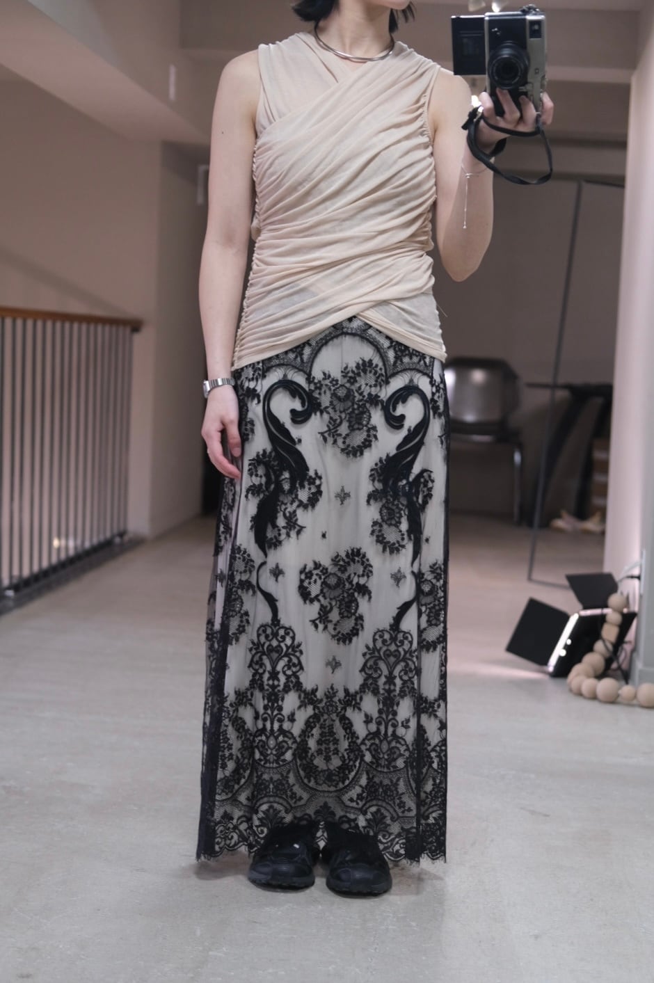 FETICO】SHEER GATHERED SLEEVELESS TOP -Beige- | loop