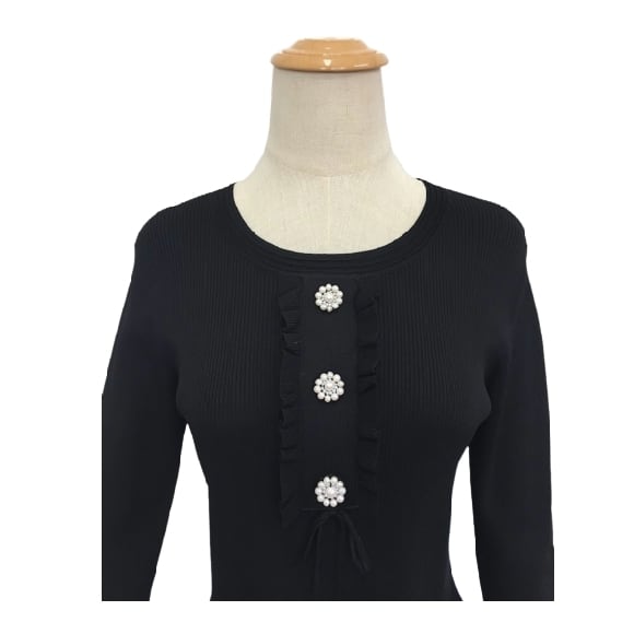 スーパービューティー チュニック 胸元ビジューリブ編みブラック 大人