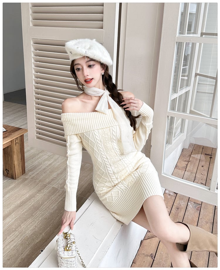 dress】リボンオフショルニットワンピース N2855 | nanastyle