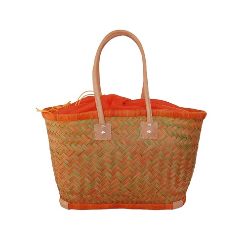 【かごバッグ】パニエM / ロングハンドル インナーバック付き Orange x Yellow Green /マルシェバッグ