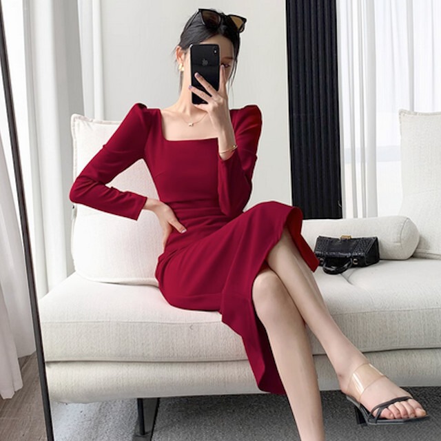 ワンピース レディース ワンピースドレス 長袖 スクエアネック  