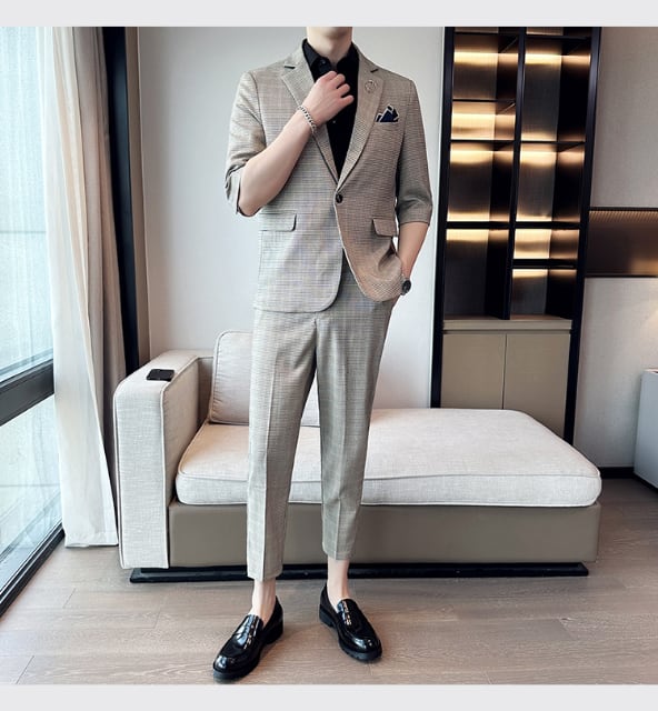 【予約販売】2点セット スーツ メンズ セットアップ 五分袖 ジャケット パンツ グレンチェック柄 男前 グレー ベージュ 上下 パーティ お出かけ パーティー 二次会 結婚式 夏 S/M/L/XL/2XL