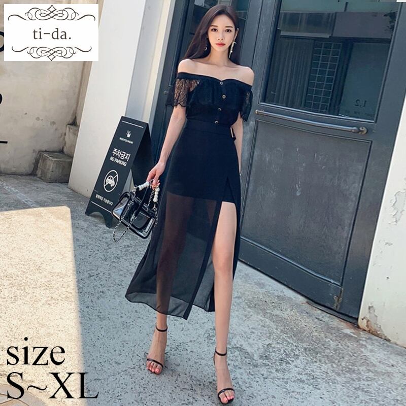 No 905 韓国ワンピース きれいめワンピース 大人可愛いワンピース フレアワンピース シアーワンピース セットアップワンピース オフショルダー ワンピース Ti Da