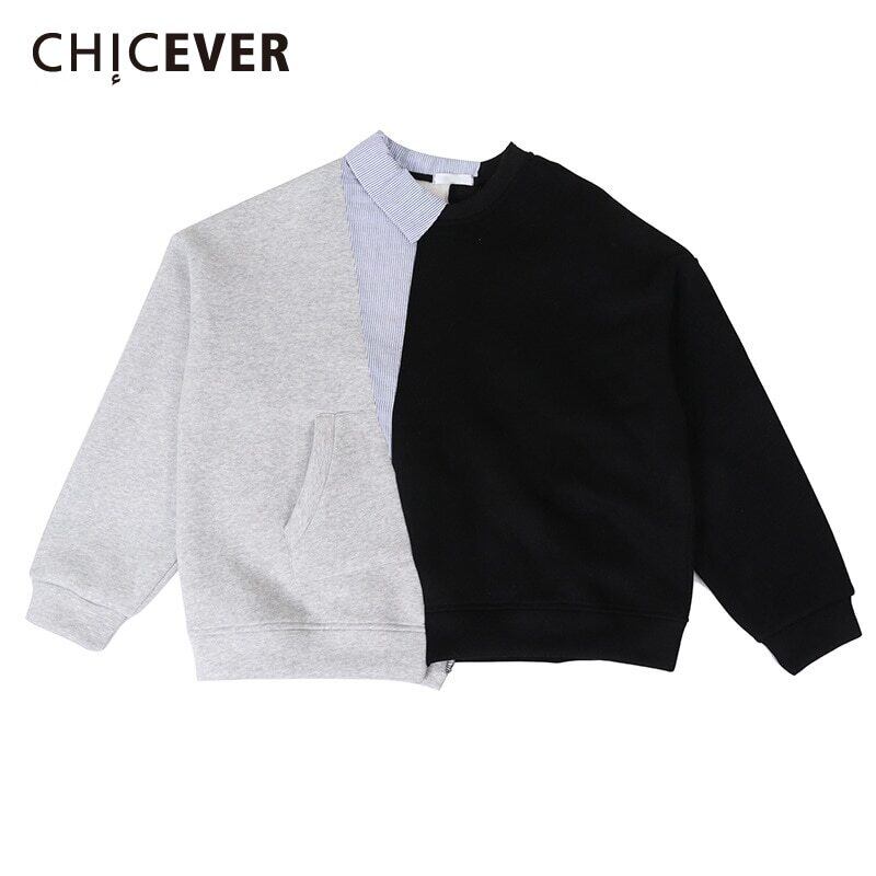 CHICEVERパッチワークスウェットシャツレディースOネック長袖ヒットカラーアシンメトリー裾スウェットシャツ ロング 6base513666117398