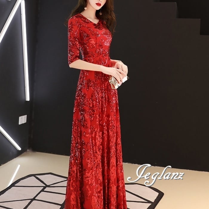 3色 美ライン パーティ イブニングドレス スパンコール 光沢感 5分袖 ♪(M8769)ζ