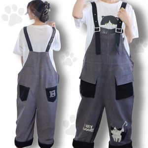 【そっと繋がる。】服ごと自分を説明するコーデュロイ 猫　ゆるだぼサロペット【全身で個性主張