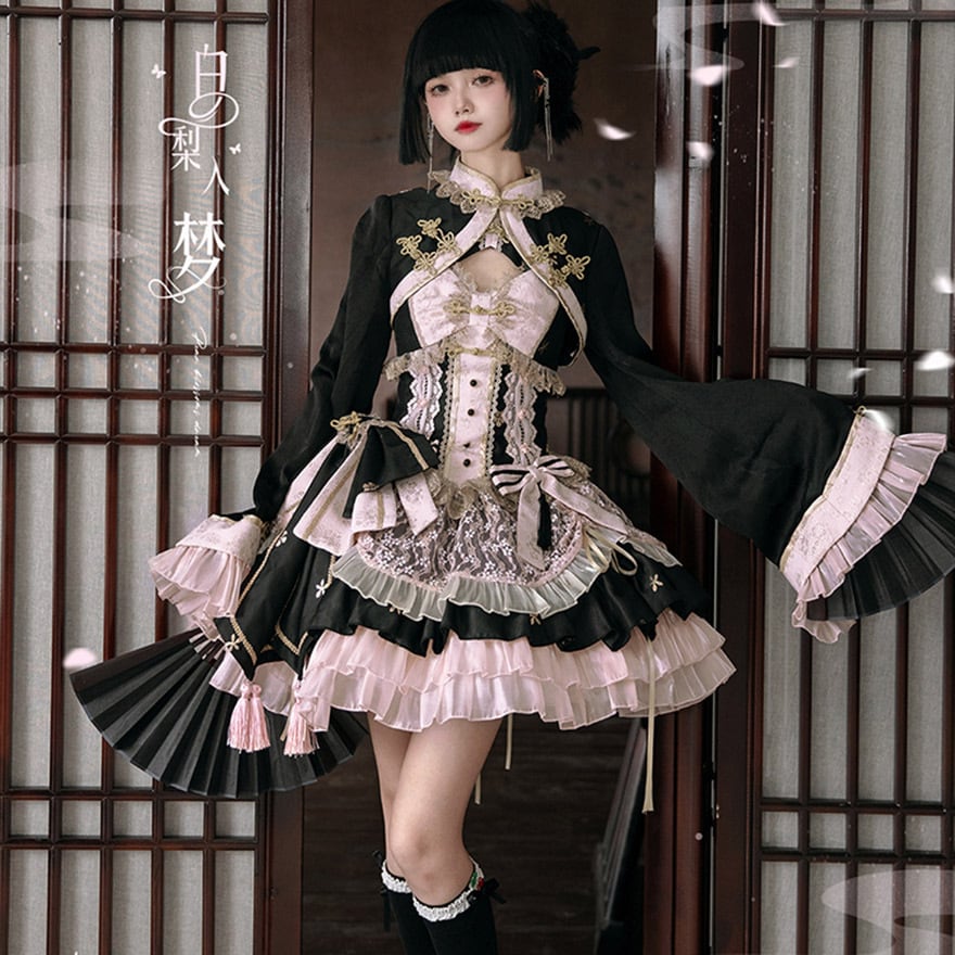 ゴスロリ通販 With U チャイナドレス 中華ロリィタ セットアップ ケープ ジャンパースカート レース 刺繍 イベント衣装 お茶会 パーティ 撮影会衣装
