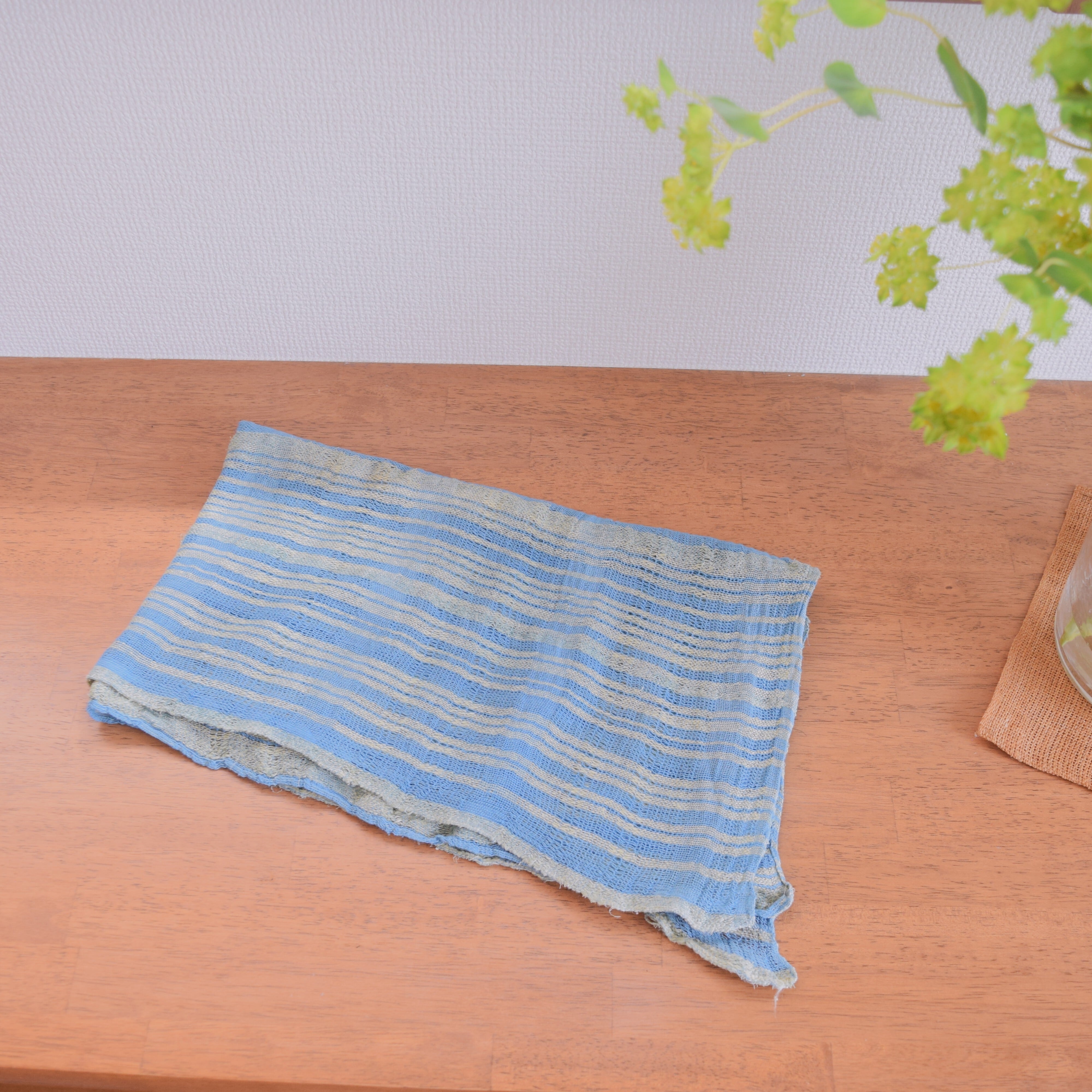 綿絹からみ織布 水色と黄緑 | Cotton & Silk Leno Weave Textile – Pale Blue & Yellow Green