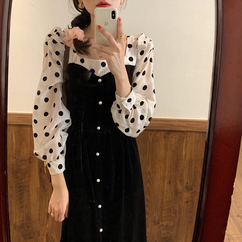 ベルベットドレス ロングスカート スクウェア ステッチ ビッグFスモールZ韓国76091018905