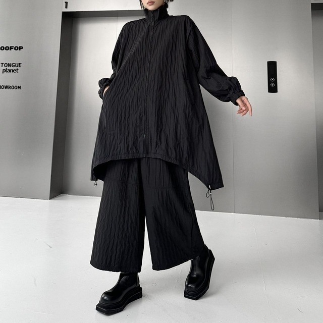 BLACK STAND COLLAR MIDI FULLZIP JACKET & WIDE LEG PANTS 1colors M-15290