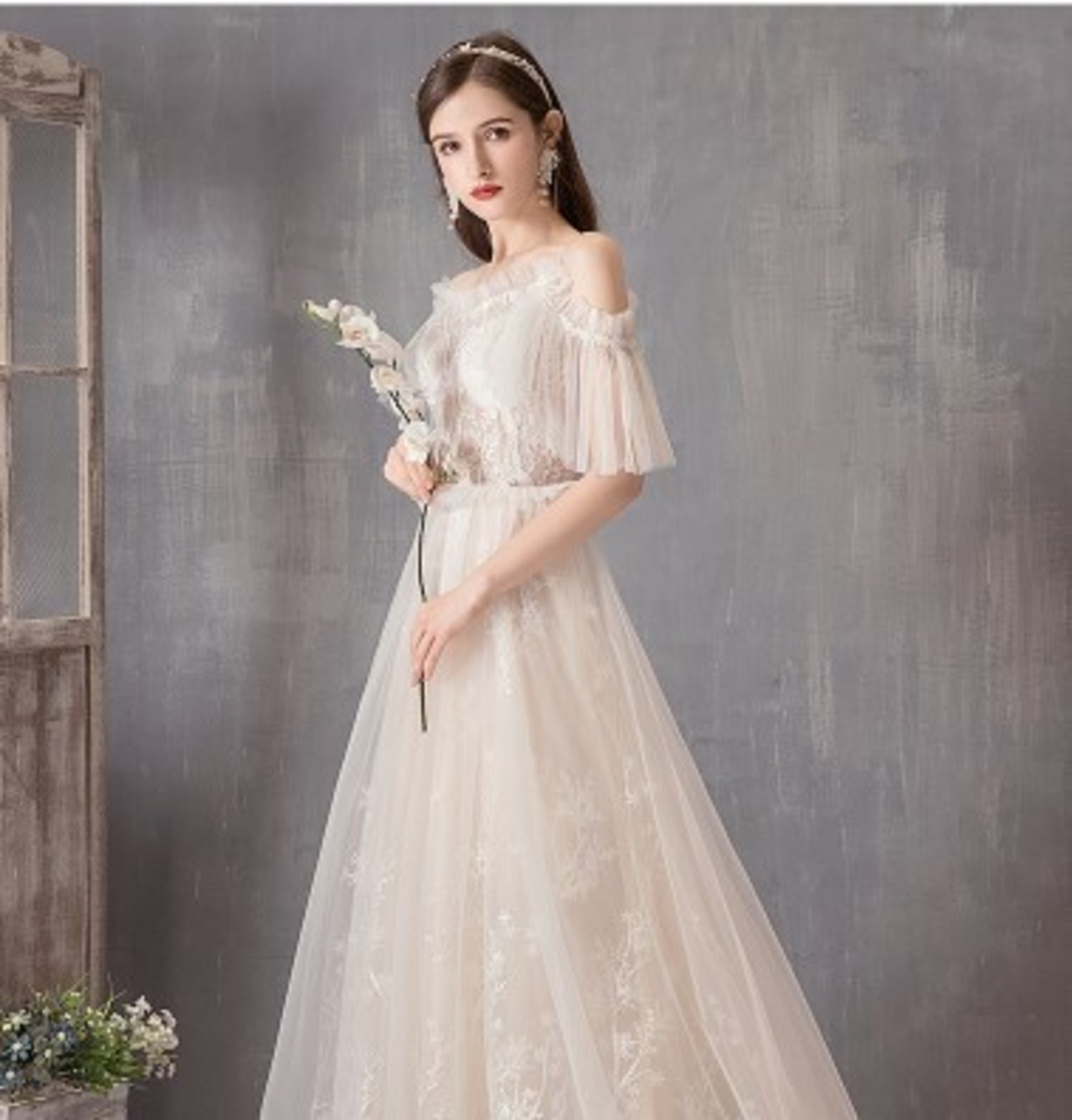 ウエディングドレス ベージュ ソフトチュール レース オフショルダー  