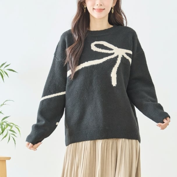 ニット リボン柄 ニット セーター N15-176 TRUBE M L fmsd ゆったり ふんわり 暖かい 体型カバー 長袖 トップス プルオーバー ミセス カジュアル キレイメ 普段着 おしゃれ着 デイリーファッション